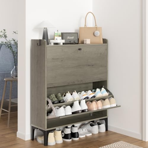 Dripex 2 Drawer Shoe Cabinet, Wooden Shoe Cupboard with 2 Flip Drawers, Adjustable and Removable Divider, Metal Flip Stand & Support Feet, for Hallway and Entryway (Wash Grey, 80cm width)