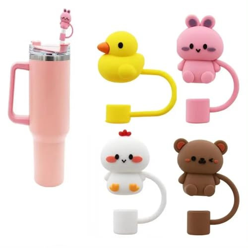 Straw Caps For Stanley Cup Tumbler Straw Covers Toppers Tips Lids 30 40 Oz Silicone Dust-Proof Reusable Tips Protectors 8mm to 10mm Cute Animals Decorative Drink Stanley Accessories 0.4in Straws 4 PCS