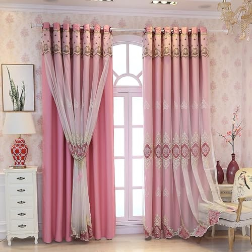 54X84 Blackout Curtains, Curtains Dining Room Rose Double Layer Embroidered Polyester Drapes for Living Room Bedroom