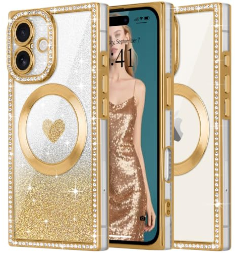 ROSEHUI for iPhone 15 Plus/14 Plus Case, Compatible with MagSafe, Gold | Magnetic Glitter Clear Phone Cover, Bling Camera Protection, Rectangle TPU Shockproof Bumper, Durable Cute for Women Girls