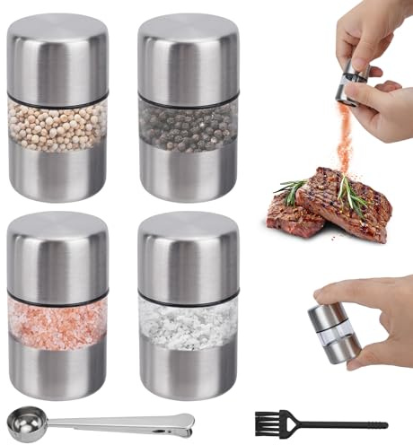 WRENYZK 4 Stück Mini Salz- und Pfeffer-Mühlen Set, Klein Salzstreuer für Unterwegs mit Kaffeelöffel & Beutelclip, Pfeffer und Salzmühle Gewürzmühle mit Edelstahl für Küche Camping