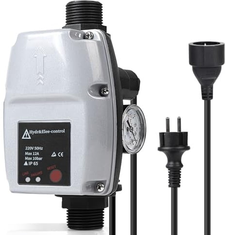 SWAWIS Druckschalter Wasserpumpe Pumpensteuerung Druckschalter Hauswasserwerk Max. 10 bar Druckwächter mit Manometer & Kabel für Tauchpumpe Kreiselpumpe Tiefbrunnenpumpe Gartenpumpe Grau