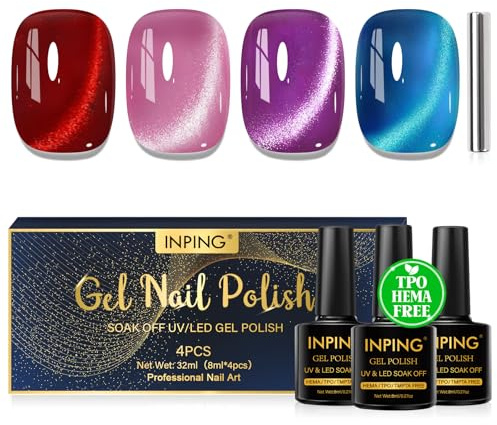 INPING Pintauñas Semipermanentes HEMA-FREE TPO-FREE, 4 Colore Rojo Rosa Morado Azul Ojo de Gato Pintauñas Gel con imán, Glitter Cristal Jelly Cat Eye Esmaltes Semipermanentes Soak Off UV LED, 8 ML
