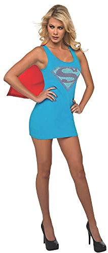 Rubies Supergirl Kostüm Damen Mini Kleid mit abnehmbarem Umhang und Glitzerlogo DC Comics lizenziert - M