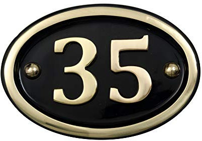 Solid Brass House Number Oval Plaque – Personalised Door Sign, Oval Design, Durable Hand Lacquered Finish, Weather Resistant Outdoor House Numbers with Fixings – 14 x 10cm (No 35)