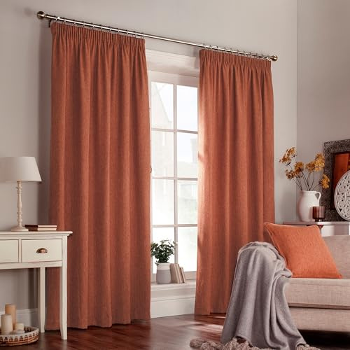 furn. Harrison Herringbone Weave Pencil Pleat Curtain Pair - Burnt Orange - 168x137cm