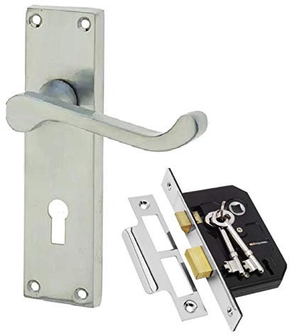 Golden Grace Victorian Scroll Door Handle Lock Pack with 2 Lever Lock and 2 Keys in Satin Brushed Chrome Finish