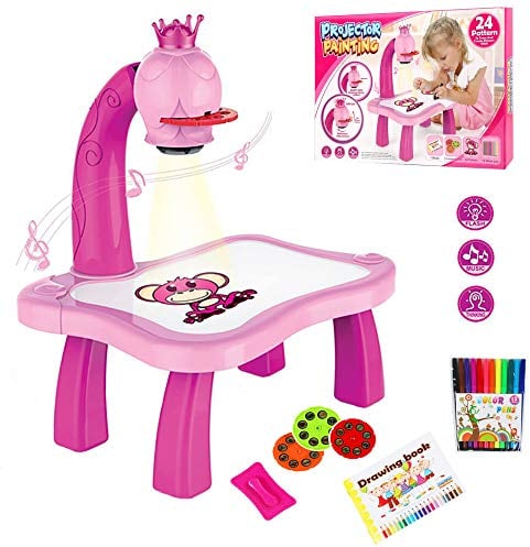 Aolieh Proiettore tracciato e disegnato Toy, tavolo da disegno per bambini, Trace and Draw Projector Toy Kids Drawing Projector Table con Smart Projector e Light Music (Corona Rosa)