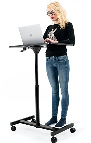 Tatkraft Focus Mesa Neumática para Ordenador Portátil con Ruedas, Altura Ajustable 74-114 cm Regulación de Elevación sin Esfuerzo, Soporte Móvil para Laptop de 19'' para Oficina o Hogar, Negro