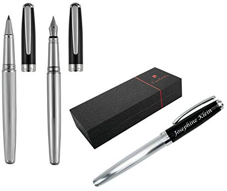 Pierre Cardin Schreibset CHRISTOPHE Rollerball Pen und Füllfederhalter Chrom-Schwarz mit Laser Gravur graviert zum Geburtstag