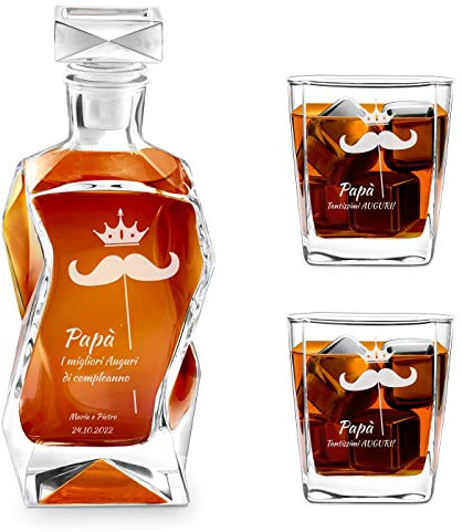 Maverton Set Decanter per Whisky in vetro - da 700 ml - incisione personalizzata - Caraffa con 2/4/ 6 bicchieri - idea regalo per il compleanno - per l’ uomo - Uomo baffuto