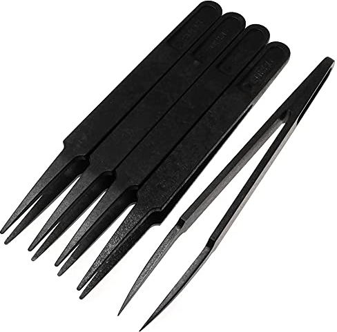 MMOBIEL Set pinzette di precisione in plastica anti-statica, multifunzione, pinzette con punta per lavori di elettronica, gioielleria, riparazioni di laboratorio, colore nero, 5 pezzi