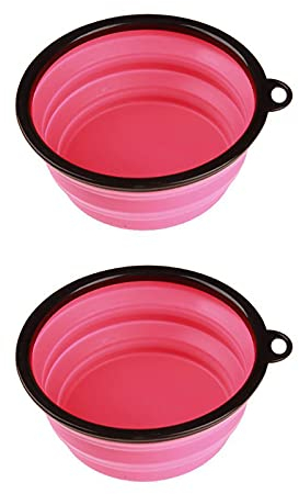 Lot de 2 gamelles de voyage pliables en silicone – 350 ml – Gamelles portables avec crochet pour chiens et chats (rose)