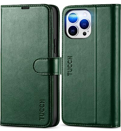 TUCCH Hülle für iPhone 13 Pro Max Case [Stoßfest] Handyhülle mit Magnetverschluss [TPU] [Kartenfach] [RFID-Sperrung], Booklet kompatibel mit iPhone 13 Pro Max (6,7 Zoll) Dunkelgrün