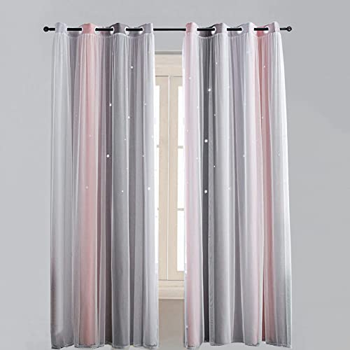 Lsimeru Gardinen Farbverlauf Blickdicht mit Sterne Muster Rosa Grau Doppelschicht Vorhänge Kinderzimmer Mädchen Prinzessin Ösenvorhange Verdunkelung Kinder Lang,132x240