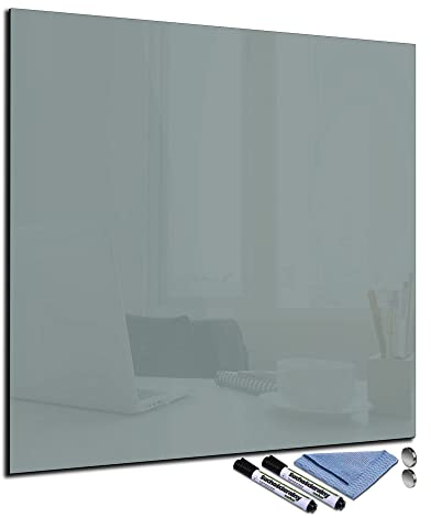 Glas-Magnettafel 40x40 cm Whiteboard Wand Beschreibbar Quadratisch Magnetisch Küche Office Büro mit Zubehör Wochenplaner Abwischbar Deko Memoboard Tafel Grau