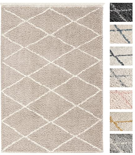 Wohnzimmer Shaggy Teppich 120 x 160 Beige Diamantmuster, Super Soft Moderner Hochflor Teppich