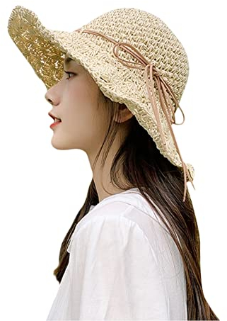 haozaikeji Floppy Straw Hat Women Summer Sun Visor Hats Breathable Foldable Wide Brim Beach Sun Hat with Bowknot Strap Roll Up Ladies Straw Visor for Holiday Travel Hiking 56-58cm Beige