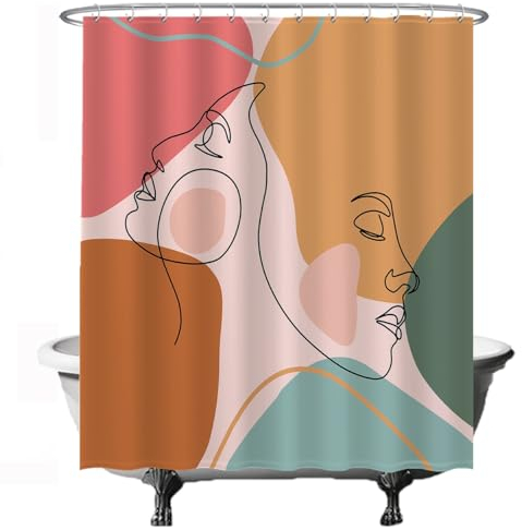 Ulticool Duschvorhang - Gesicht Abstrakte Ästhetik Emotion - 180 x 200 cm – Anti Schimmel- Waschbar – Wasserdicht - mit 12 Ringe - Rosa Ocker Grün Braun