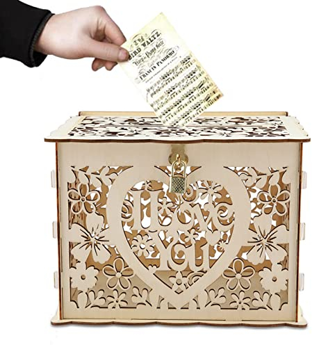 Hochzeit Geschenkkarten Box, DIY Hohle Hochzeitskarten Box mit Schlitz und Schloss, Holz Deko Geldbox Geschenk Karten Kiste für Empfang, Hochzeitstag, Babyparty, Geburtstag, Abschlussfeier