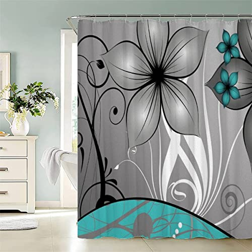 100% Polyester Blume Duschvorhang 240x200 Anti-Schimmel Textil Waschbar Wasserdicht Lang Duschvorhänge Türkis Grau Shower Curtain mit 12 Hooks für Badezimmer Badewanne Badvorhang