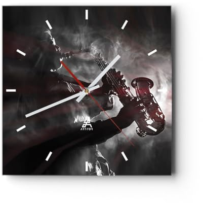 Modern Wanduhr Musiker Saxophonist Schwarz 30x30cm Quadrat Klein Wand Uhr Glas Analog Zimmeruhren Küche Büro Wohnzimmer Glasuhr Wall Clock Dekoration Design Wanddekoration Küchenuhr C3AC30x30-4276