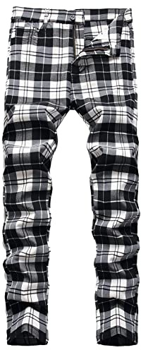 FEOYA Pantalon Chino à Carreaux Homme Stretch Pantalon Habillé Droit Élastique Ecossaise Pantalons Crayon Tartan Slim Ajusté Costume à Carreaux Noir Blanc 02 Taille 34