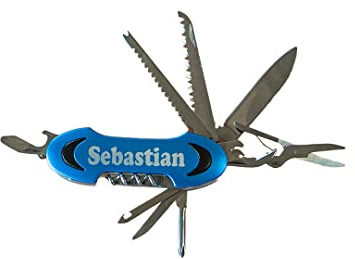NEO-DESIGN Taschenmesser blau mit 11 Funktionen und Wunsch-Namen oder Spruch | Multifunktionsmesser individuell bedruckt | Taschenmesser personalisiert | Männer Geschenke, Geschenke für Papa