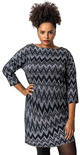 Roman Curve Women Zig Zag Print Shift Dress - Ladies Spring Everyday Summer Evening Vacation Work Holiday 3/4 Sleeve Smart Casual - Silver - Size 30