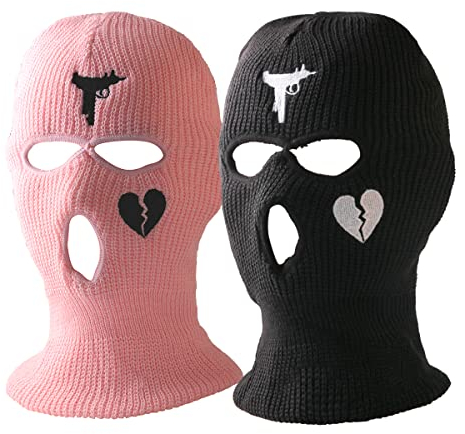 2 Stücke Skimaske, Winter Gestrickte Gesichtshaube, Warme Sturmhauben, Hals Gaiter, Motorradfahren, Winter Skifahren und Andere Draußen Aktivitäten Mütze für Herren und Damen - Schwarz und Rosa