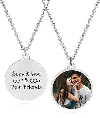 JSDDE Personalisiert Kette mit Fotogravur und Textgravur Kette mit Bild Wunschgravur Dog Tag Runde Anhänger Halskette Schmuck für Damen Herren