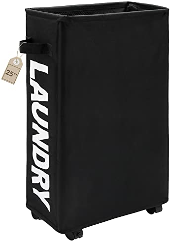 TOTANKI 25 Rolling Slim Laundry Basket on Wheels, Foldable Laundry Hamper with Handle, Collapsible Laundry Sorter and Organizer, Tall Storage Basket Bin (Black)