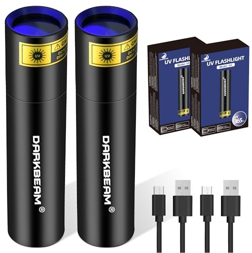 DARKBEAM UV Lampe 365nm Wiederaufladbar Tragbares USB Schwarzlicht Taschenlampe LED Ultraviolettes Licht Mini, Detektor für Haustier-Urin, Flecken, Uran Glas, Geld, Bernstein 370nm, 2 Pack