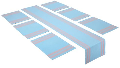 Encasa XO Runner da Tavola e Set di Tovagliette 6 | Cotone a Coste Sottili | La scala blu | 1 Runner da Tavola 32x183 cm e Ogni Tovaglietta 48x32 cm