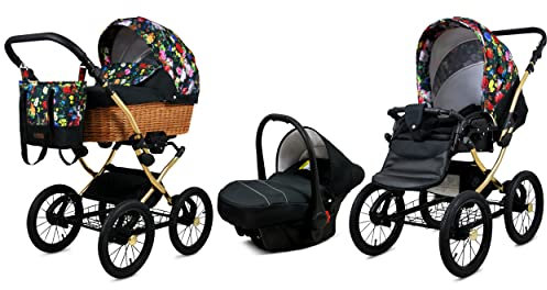 BabyLux Kinderwagen 3in1 mit Autositz für Kleinkinder – Kinderwagen für Neugeborene und Kleinkinder –– Baby Neugeborenen Kinderwagen – 59x105x125cm – Max 15kg – Garden Flowers Gold Frame