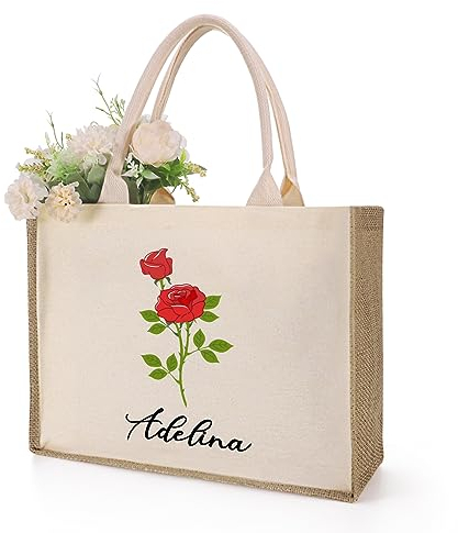 TEAYASON Personalised Jute Tote Bag with Name, Cotton Canvas Beach Bag, Reusable Grocery Bag for Bridesmaid, Wedding, Shopping, Travel (Birth Flower)