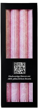Bütic GmbH 4 Stearin Stabkerzen durchgefärbt 250mm x Ø 22mm - Marmorierte Kerzen mit rückstandsfreiem Abbrand, 10h Brenndauer, rußarm, geruchsneutral, Farbe:Pastell Rosa