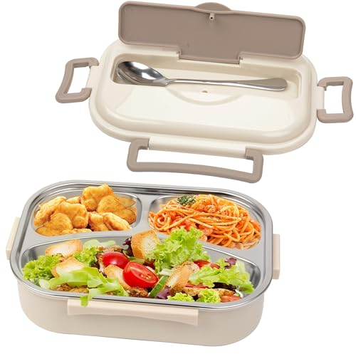 GMYIAK Tragbare Lunch Box mit 3 Fächern und Wiederverwendbarem Löffel,für Büro und Reisen,304 Edelstahl Isolierte Lunchbox 1 l