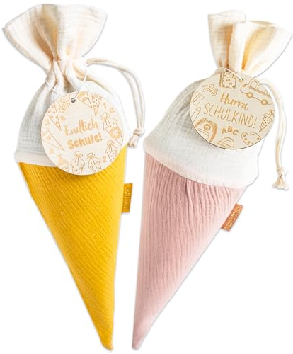 Papierdrachen 2 Schultüten aus Musselin zur Einschulung - mit tollen Holzanhängern und inklusive Namenschilder zum Ausschneiden - Gelb - Rosa - Geschwistertüte