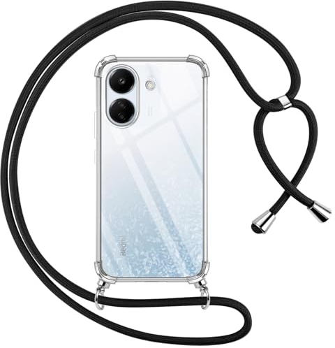 Pnakqil Funda para Xiaomi Redmi 13C con Cuerda, Carcasa Transparente Silicona Colgar Collar Correa de Cuello Cadena Cordón para Redmi 13C Fundas, Negro