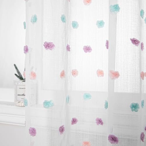 MYSKY HOME Gardinen mit Ösen Vorhang Kinderzimmer Voile Regenbogen Vorhänge Modern für Kinderzimmer Gardine Sticken Halbtransparent Raumteiler Schiebevorhang Wohnzimmer 2er Set Farbig H 175 x B 140 cm