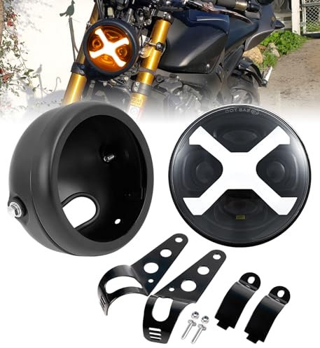 HENGTUAUTO 14,6 cm LED X-Style Gelb DRL Motorradscheinwerfer mit Scheinwerfergehäuse, Eimerhalterung, kompatibel mit Shadow 750 Rebel 500 Vulcan Cafe Racer Choppers Cruiser