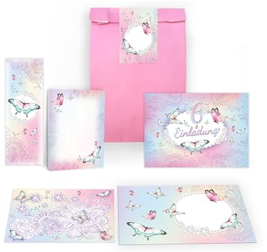 Limonia 12 Einladungskarten zum 6. Kindergeburtstag Einladung Geburtstag Mädchen Motiv Schmetterling Blumen inkl. 12 Umschläge, 12 Tüten, 12 Aufkleber, 12 Lesezeichen, 12 Blöcke, 12 Mandalas