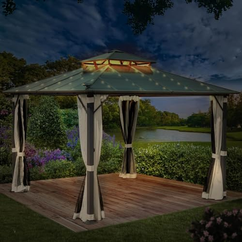 BRAST® Pavillon Aluminium Pagode 4x4m | viele Modelle & Farben | inkl. Moskitonetz + LEDs | festes Dach | wasserdicht | stabil |UV-Schutz | Beige