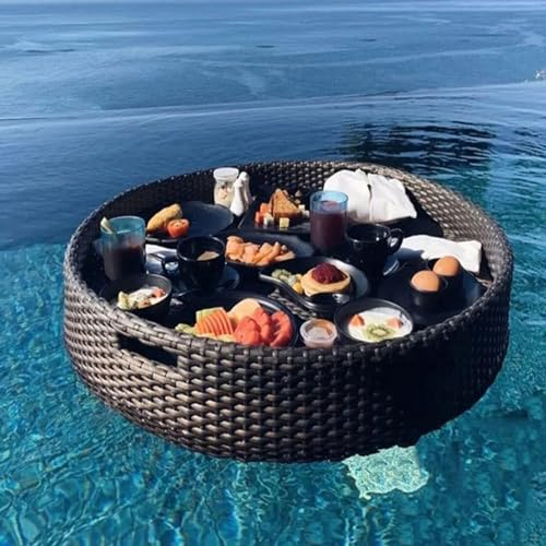 RVUEM Galleggianti della Piscina, Vassoio per Colazione Galleggiante in Rattan, Vassoio da Portata Rotondo in Rattan Intrecciato, Vassoio Galleggiante per Piscina, con Maniglie,Nero,60cm