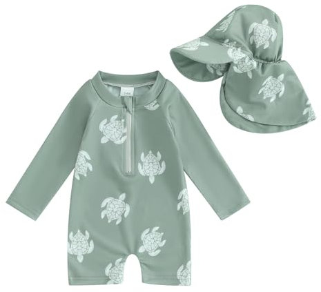 Geagodelia Newborn Baby Boy Swimming Costume with Sun Hat Long Sleeve Zip Up Swimsuit Sun Protection Swim Wetsuit Rash Guard Swimwear One Piece Bathing Suits (Sea Turtle Green, 3-6 Months)