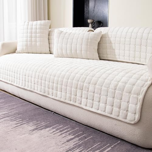 MDSASFD Velvet Couch Cover, Washable Sectional Sofa Cover, Anti Slip Sofa Slipcover for 3 Cushion Couch Sofa L Shaped Armrest Backrest, Furniture Protector Covers for Pets Kids(White, Only 1 PCS)