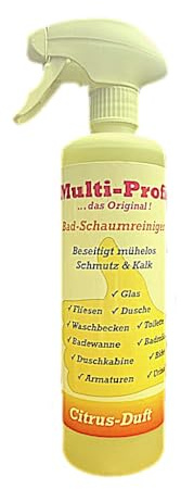 Multi-Profi Bad-Schaumreiniger mit Citrus-Frische-Kraft entfernt mühelos und ohne Scheuern sämtliche Rückstände von Kalk, Seifen, Fett, Öl, Badezusätzen und Schmutz ! 0,5 Liter