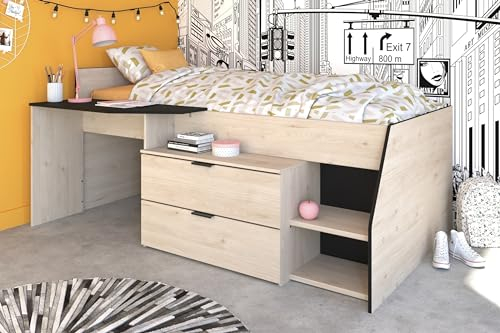 möbelando Hochbett >Milky 2< in Schwarz/Eiche - 203x135x90cm (LxBxH)
