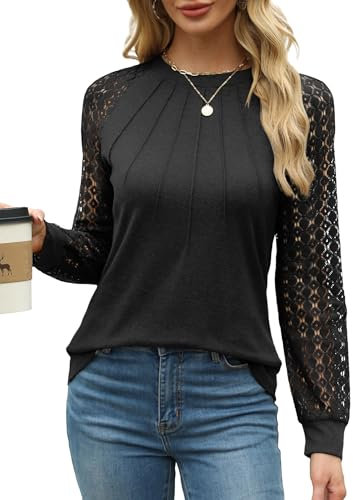 Aokosor Women Long Sleeve Tops for Women UK Plain Crew Neck Pleated Shirt Loose Casual Blouse Tunic Shirt Ladies Jumpers Size 14-16 Black